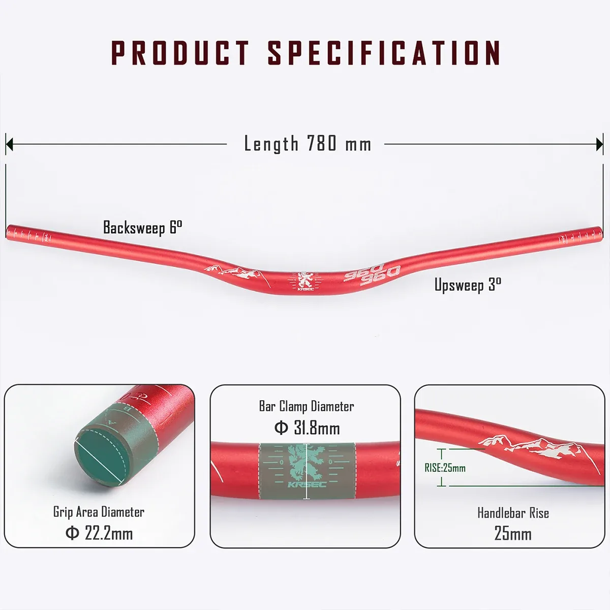 Manillar KRSEC – medidas: 780 mm, abrazadera 31,8 mm, puños 22,2 mm y rise 25 mm