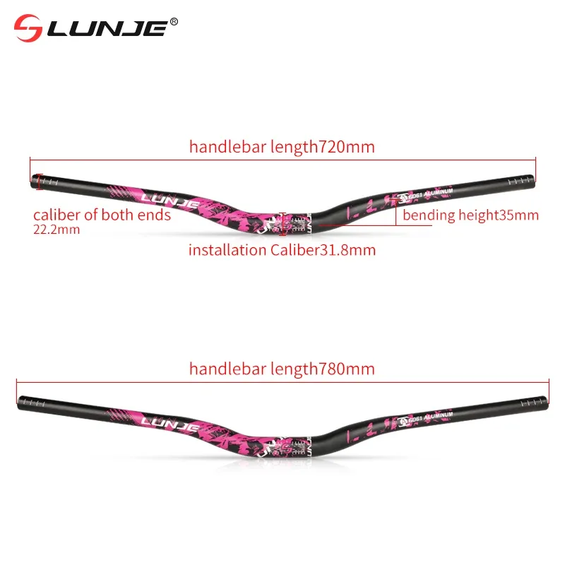 Manillar LUNJE – medidas: 720 y 780 mm, alza 35 mm, abrazadera 31,8 mm y puños 22,2 mm