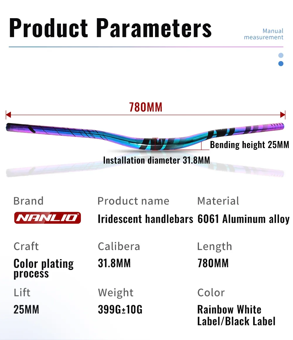 Manillar NANLIO – medidas: 780 mm, alza 25 mm, abrazadera 31,8 mm y 399 g