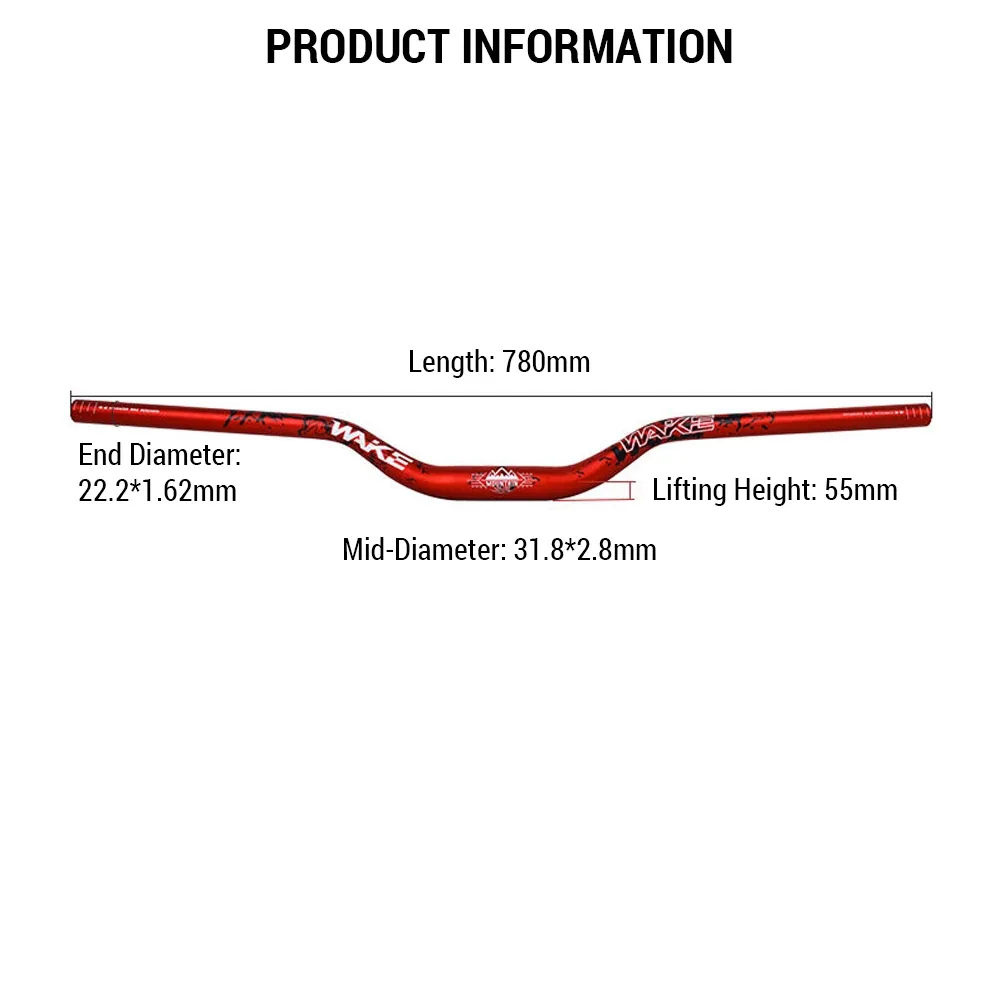 Manillar WAKE Downhill – medidas: 780 mm de largo, 55 mm de alza, abrazadera 31,8 mm y puños 22,2 mm