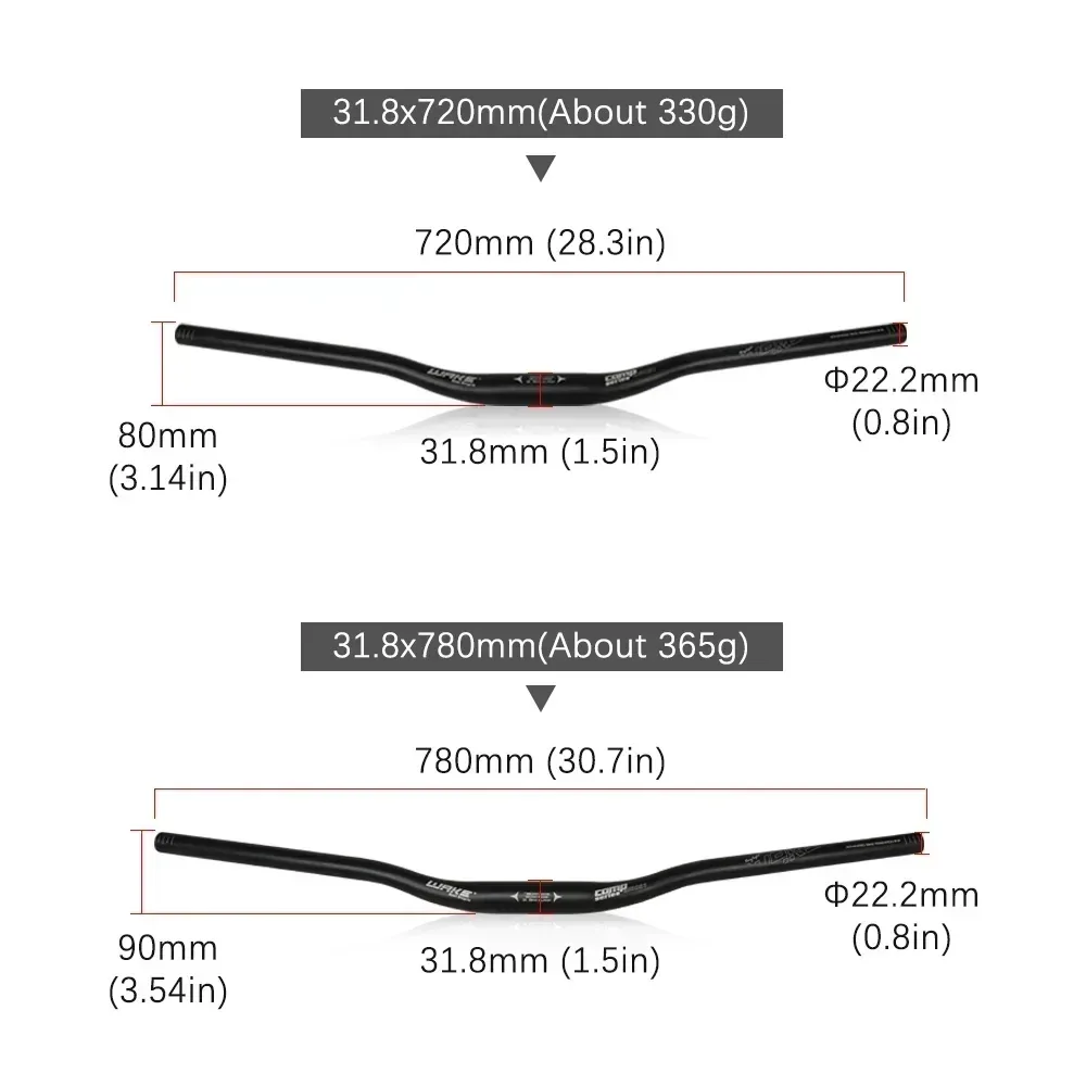 Manillar WAKE – medidas: 720 mm (330 g) y 780 mm (365 g), abrazadera 31,8 mm y puños 22,2 mm