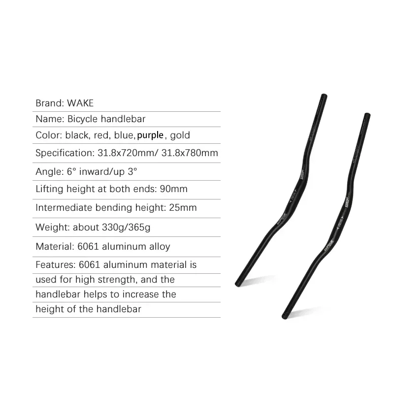 Manillar WAKE – ficha del fabricante: aluminio 6061, ángulos 6° y 3°, rise 25 mm